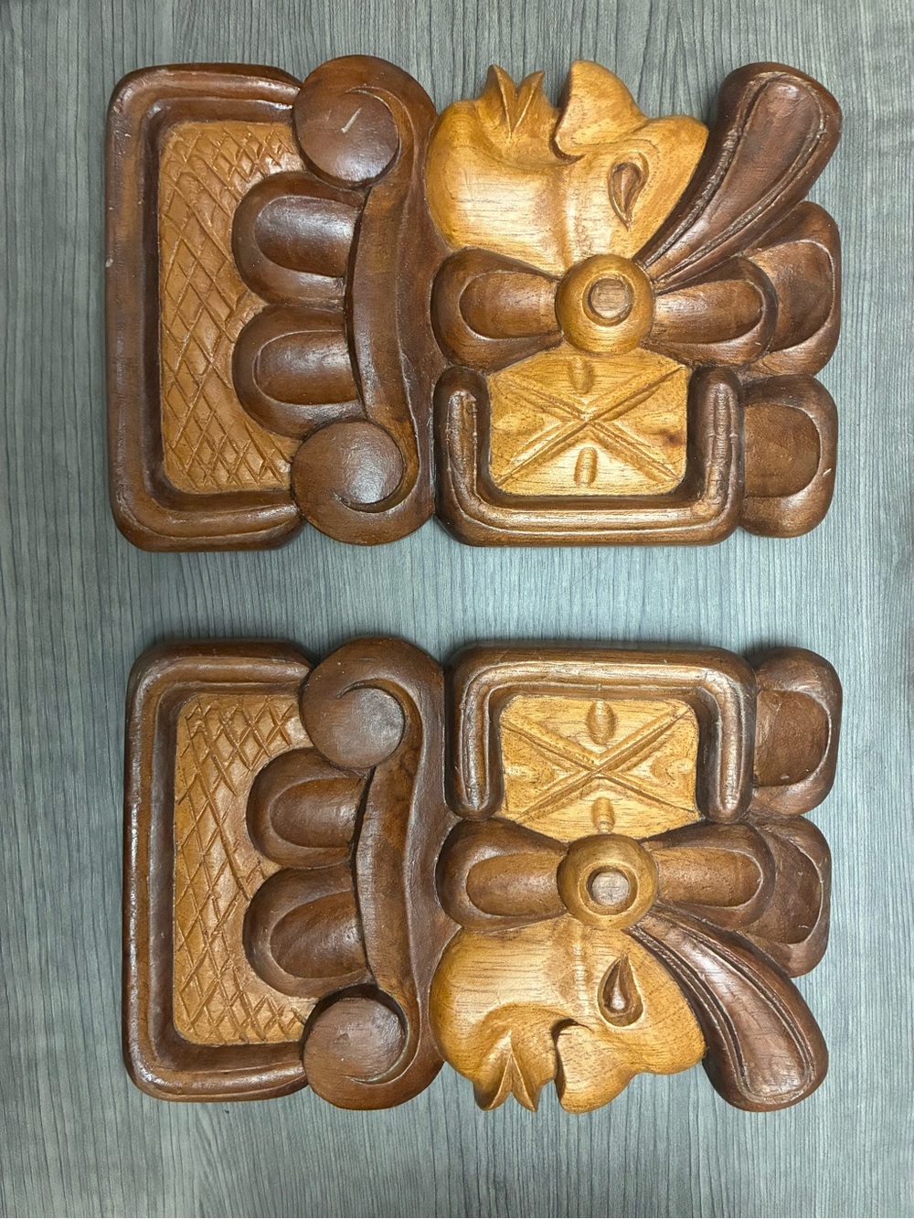 Vintage Hand Carved Wood Wall Plaques Pair Mid Century Folk Art Boho Decor